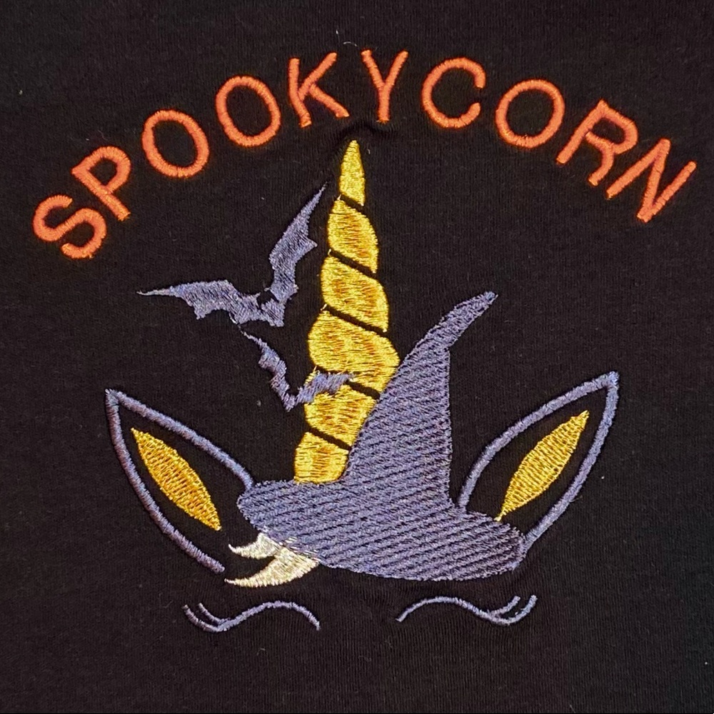 NWT EMBROIDERED SPOOKY UNICORN Bodysuit in Black and WHITE LONG SLEEVES